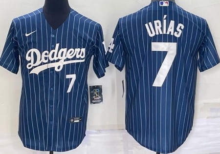 Men's Los Angeles Dodgers #7 Julio Urias Blue Stripes White Number Cool Base Jersey