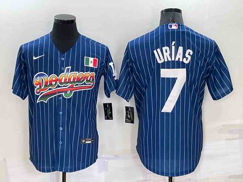 Men's Los Angeles Dodgers #7 Julio Urias Rainbow Navy Blue Pinstripe Mexico Cool Base Nike Jersey