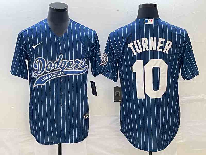 Men's Los Angeles Dodgers #10 Justin Turner Blue Pinstripe Cool Base Stitched Baseball Jersey1