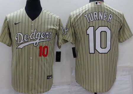 Men's Los Angeles Dodgers #10 Justin Turner Khaki Stripes Cool Base Jersey