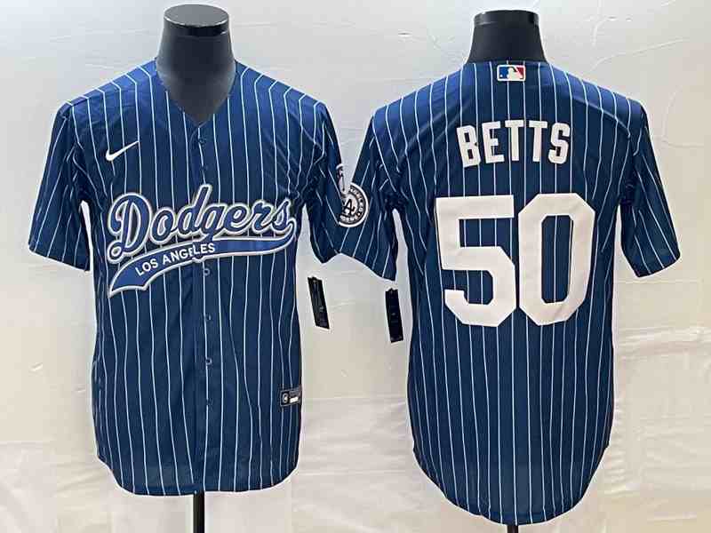 Men's Los Angeles Dodgers #50 Mookie Betts Blue Pinstripe Cool Base Stitched Baseball Jersey2