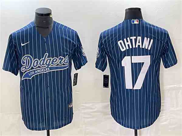 Men's Los Angeles Dodgers #17 Shohei Ohtani Navy Cool Base With Patch Stitched Baseball  Jersey
