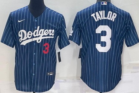 Men's Los Angeles Dodgers #3 Chris Taylor Blue Stripes Red Number Cool Base Jersey