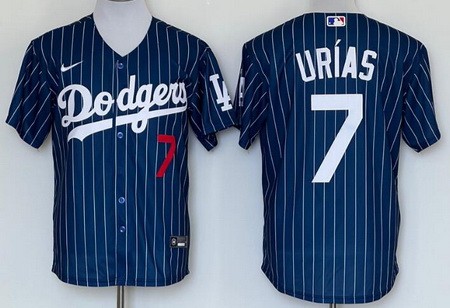 Men's Los Angeles Dodgers #7 Julio Urias Blue Stripes Red Number Cool Base Jersey