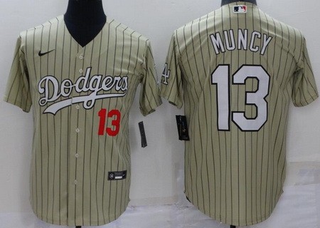 Men's Los Angeles Dodgers #13 Max Muncy Nuncy Khaki Stripes Cool Base Jersey