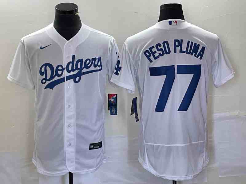 Men's Los Angeles Dodgers #77 Peso Pluma White Stitched Flex Base Nike Jersey