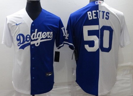 Men's Los Angeles Dodgers #50 Mookie Betts Blue White Split Cool Base Jersey