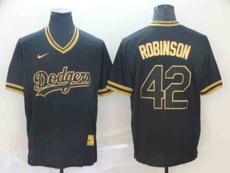 Men's Los Angeles Dodgers #42 Jackie Robinson Black Gold Nike Cooperstown Collection Legend V Neck Jersey