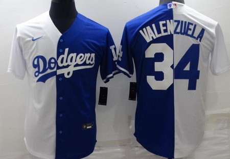 Men's Los Angeles Dodgers #34 Fernando Valenzuela Blue White Split Cool Base Jersey