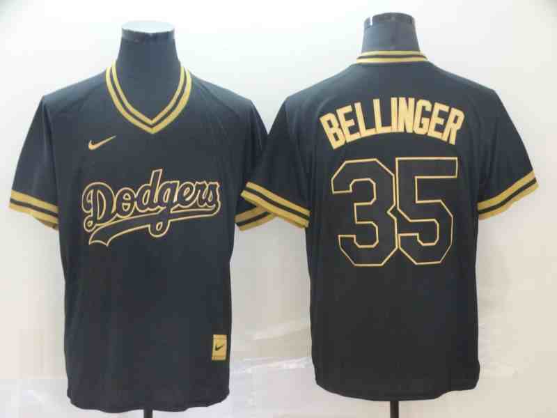 Men's Los Angeles Dodgers #35 Cody Bellinger Black Gold Nike Cooperstown Collection Legend V Neck Jersey