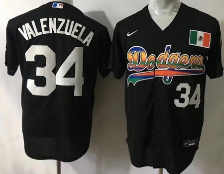 Men's Los Angeles Dodgers #34 Fernando Valenzuela Black Rainbow Mexican Cool Base Jersey