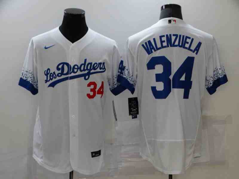 Men's Los Angeles Dodgers #34 Fernando Valenzuela White 2021 City Connect Flex Base Jersey