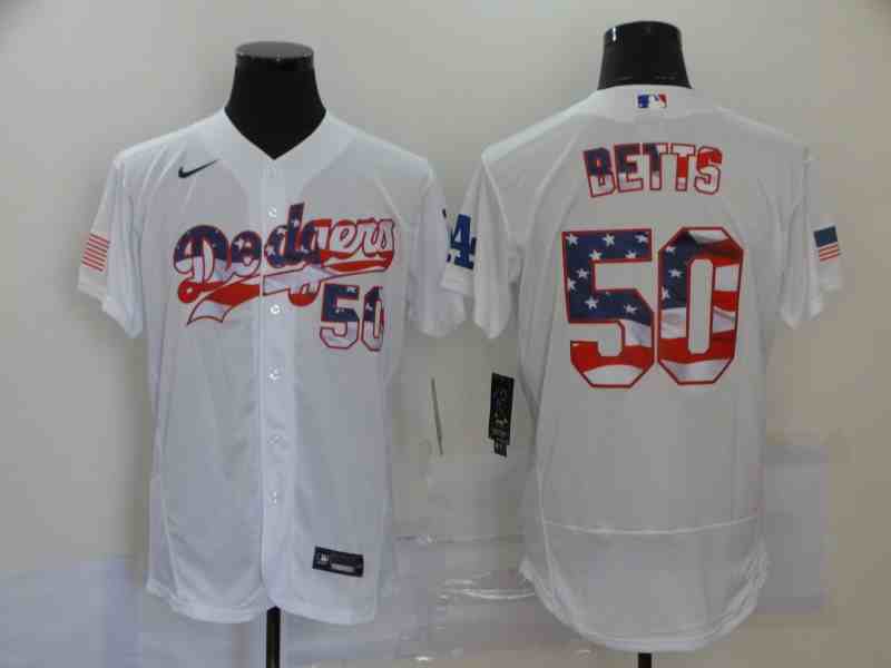 Men's Los Angeles Dodgers #50 Mookie Betts White USA Flag Fashion Nike Flexbase Jersey