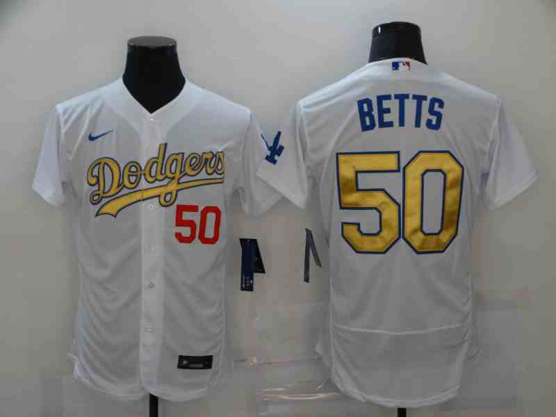 Men's Los Angeles Dodgers #50 Mookie Betts White Gold 2020 Nike Flexbase Jerseys