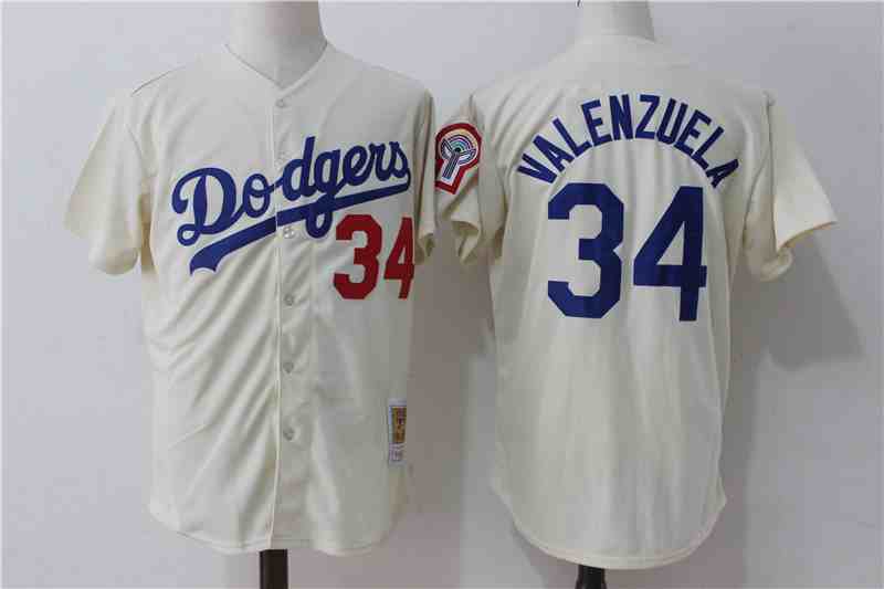 Men's Los Angeles Dodgers #34 Fernando Valenzuela Cream Cooperstown Collection Jersey