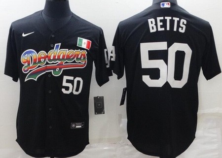 Men's Los Angeles Dodgers #50 Mookie Betts Black Rainbow Mexican Cool Base Jersey