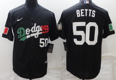 Men's Los Angeles Dodgers #50 Mookie Betts Black Geeen White Red Mexican World Series Cool Base Jersey