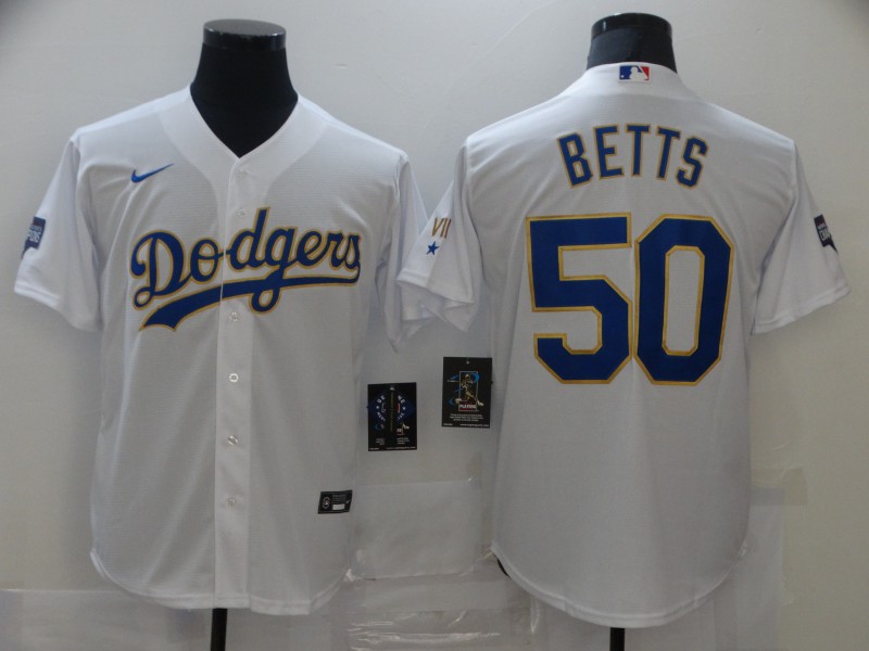 Men's Los Angeles Dodgers #50 Mookie Betts White Nike 2021 Gold Program Cool Base Jersey
