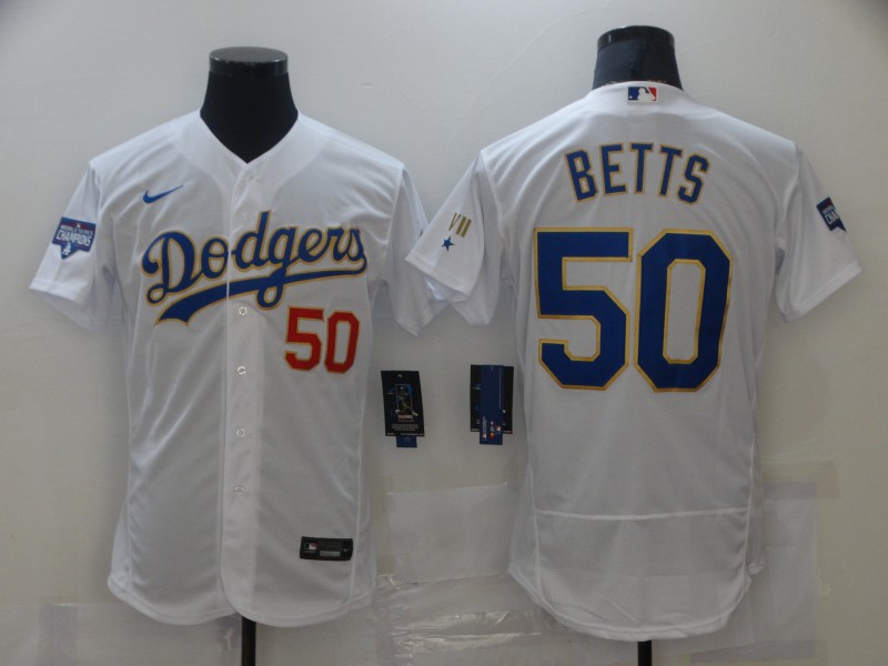Men's Los Angeles Dodgers #50 Mookie Betts White Nike 2021 Gold Program Flexbase Jersey