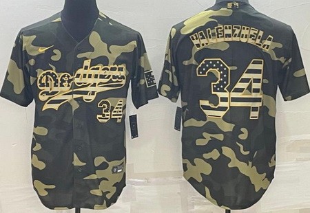 Men's Los Angeles Dodgers #34 Fernando Valenzuela Camo USA Flag Cool Base Jersey