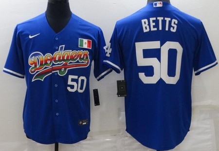 Men's Los Angeles Dodgers #50 Mookie Betts Blue Rainbow Mexican Cool Base Jersey