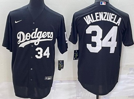 Men's Los Angeles Dodgers #34 Fernando Valenzuela Black White Number Cool Base Jersey