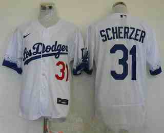 men's los angeles dodgers #31 max scherzer white 2021 city connect flex base stitched jersey