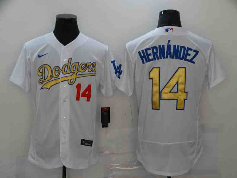 Men's Los Angeles Dodgers #14 Enrique Hernandez White Gold 2020 Nike Flexbase Jersey