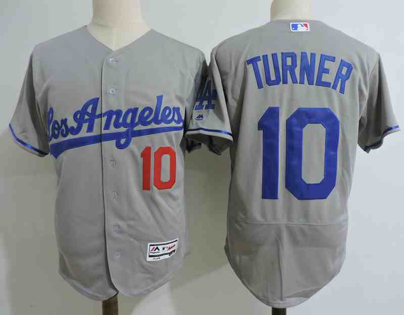 Men's Los Angeles Dodgers #10 Justin Turner Gray Road Flexbase Jersey