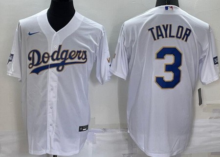 Men's Los Angeles Dodgers #3 Chris Taylor White 2021 Gold Program Cool Base Jersey