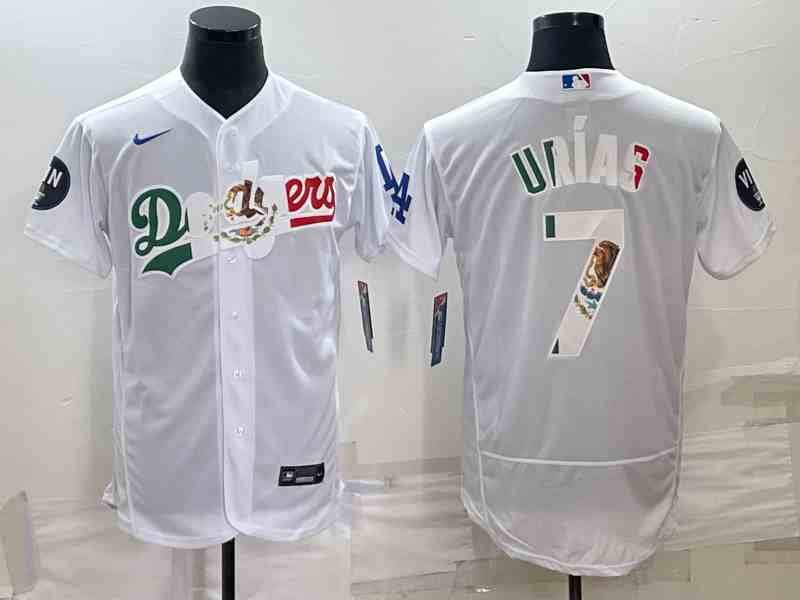 Men's Los Angeles Dodgers #7 Julio Urias White With Vin Scully Patch Flex Base Stitched Baseball Jerseys