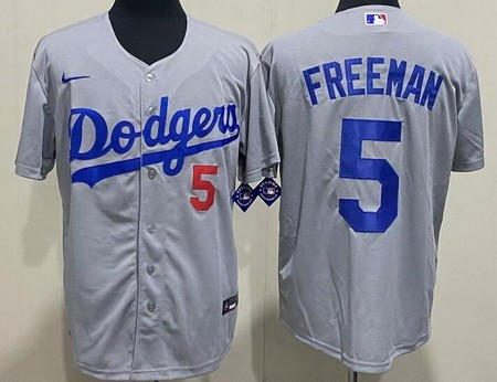 Men's Los Angeles Dodgers #5 Freddie Freeman Gray Red Number Cool Base Jersey