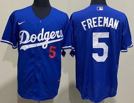 Men's Los Angeles Dodgers #5 Freddie Freeman Blue Red Number Cool Base Jersey