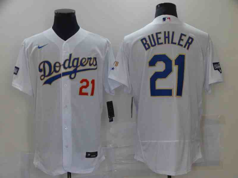 Men's Los Angeles Dodgers #21 Walker Buehler White 2021 Gold Program Flex Base Jersey