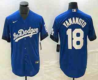 Men's Los Angeles Dodgers #18 Yoshinobu Yamamoto Blue 2021 City Connect Cool Base Stitched Jersey