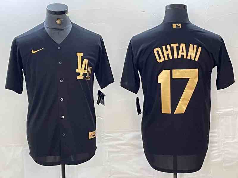 Men's Los Angeles Dodgers #17 Shohei Ohtani Black Gold Cool Base Stitched Jersey