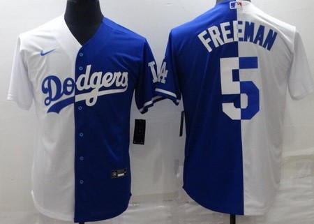 Men's Los Angeles Dodgers #5 Freddie Freeman Blue White Split Cool Base Jersey
