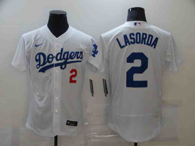 Men's Los Angeles Dodgers #2 Tommy Lasorda White Stitched MLB Flex Base Nike Jersey