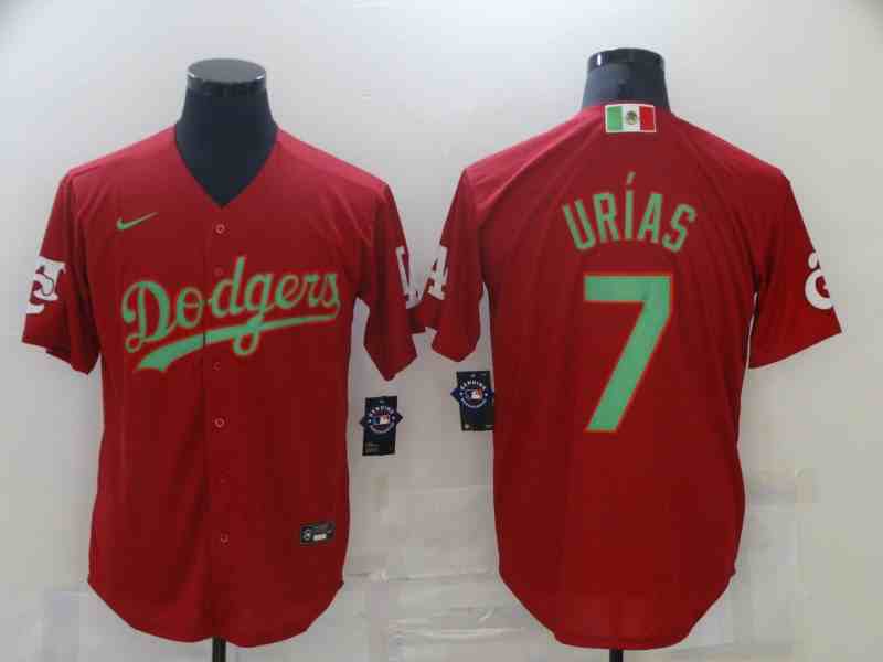Men's Los Angeles Dodgers #7 Julio Urias Red Green 2020 World Series Jersey