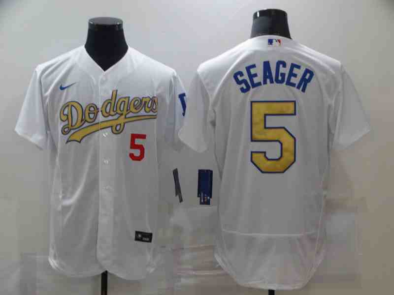 Men's Los Angeles Dodgers #5 Corey Seager 2020 White Gold Sttiched Nike MLB Jersey