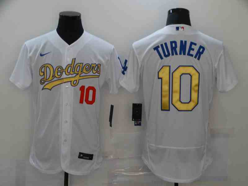 Men's Los Angeles Dodgers #10 Justin Turner White Gold 2020 Nike Flexbase Jersey