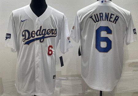 Men's Los Angeles Dodgers #6 Trea Turner White Red Number 2021 Gold Program Cool Base Jersey