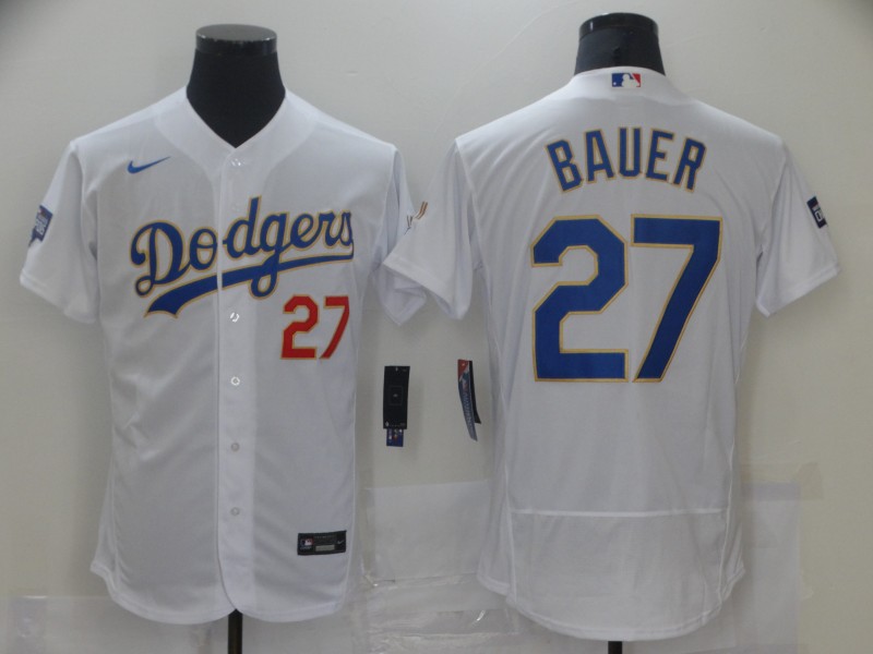 Men's Los Angeles Dodgers #27 Trevor Bauer White Nike 2021 Gold Program Flexbase Jersey