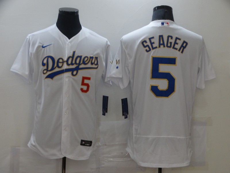 Men's Los Angeles Dodgers #5 Corey Seager White Nike 2021 Gold Program Flexbase Jersey