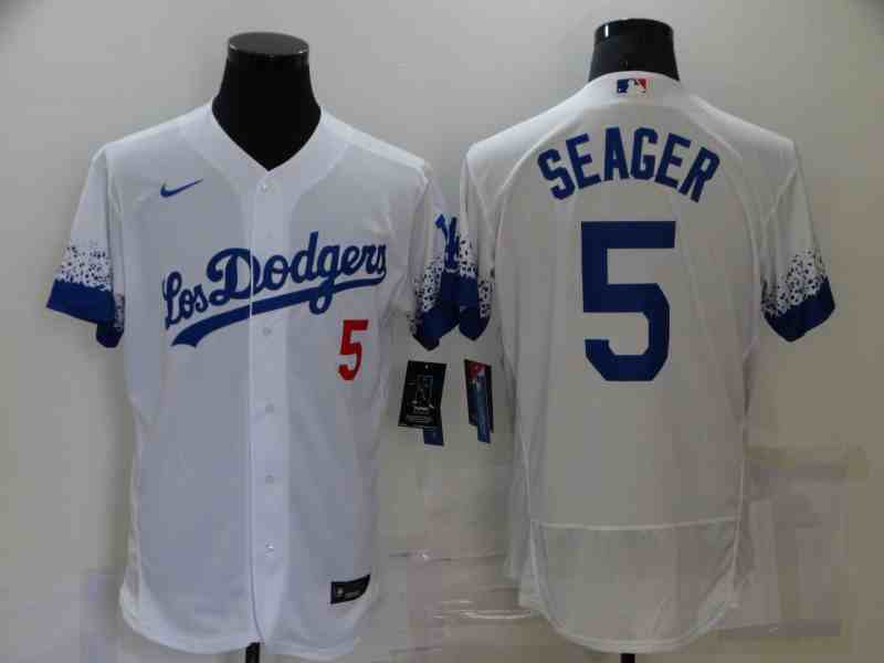 Men's Los Angeles Dodgers #5 Corey Seager White 2021 City Connect Flex Base Stitched Jersey