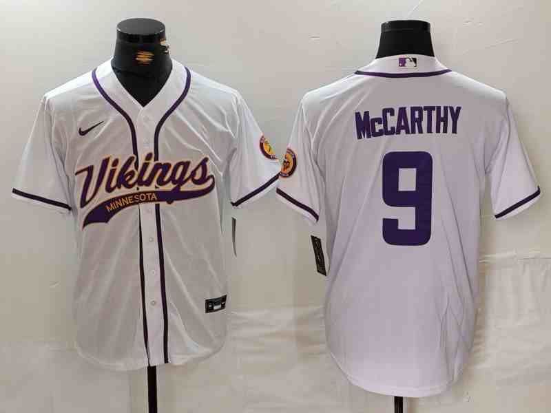 Men's Minnesota Vikings #9 JJ McCarthy White Cool Base Stitched Baseball Jersey