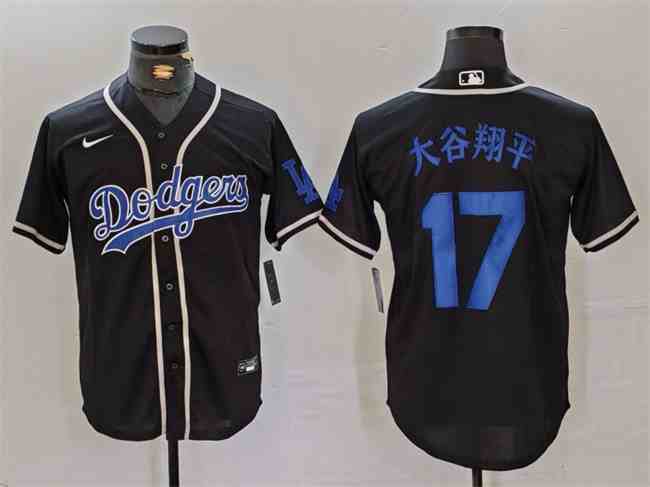 Men's Los Angeles Dodgers #17 大谷翔平 Black Cool Base With Patch Stitched Baseball  Jersey