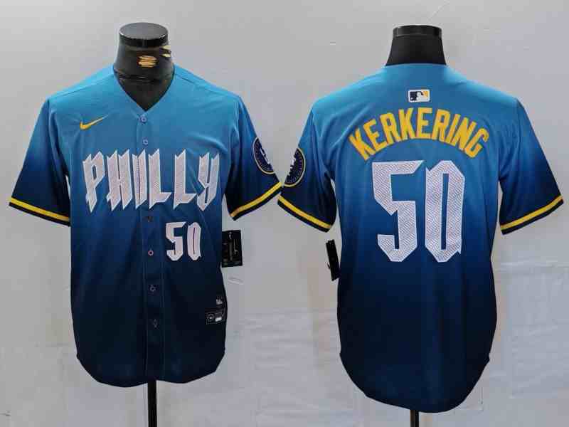 Men's Philadelphia Phillies #50 Orion Kerkering Number Blue 2024 City Connect Limited Stitched Jersey