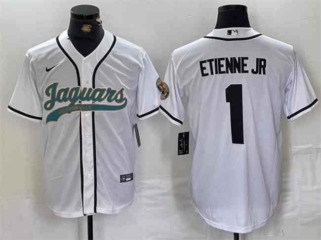 Men's Jacksonville Jaguars #1 Travis Etienne Jr. White With Patch Cool Base Stitched Baseball Jersey