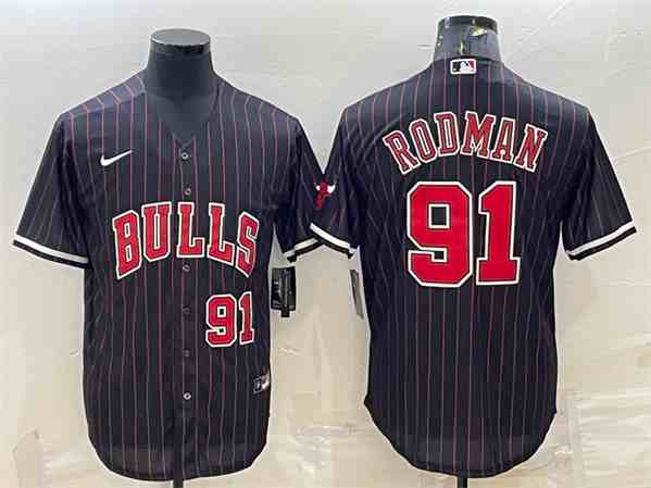 Men's Chicago Bulls #91 Dennis Rodman Black button jersey (2)